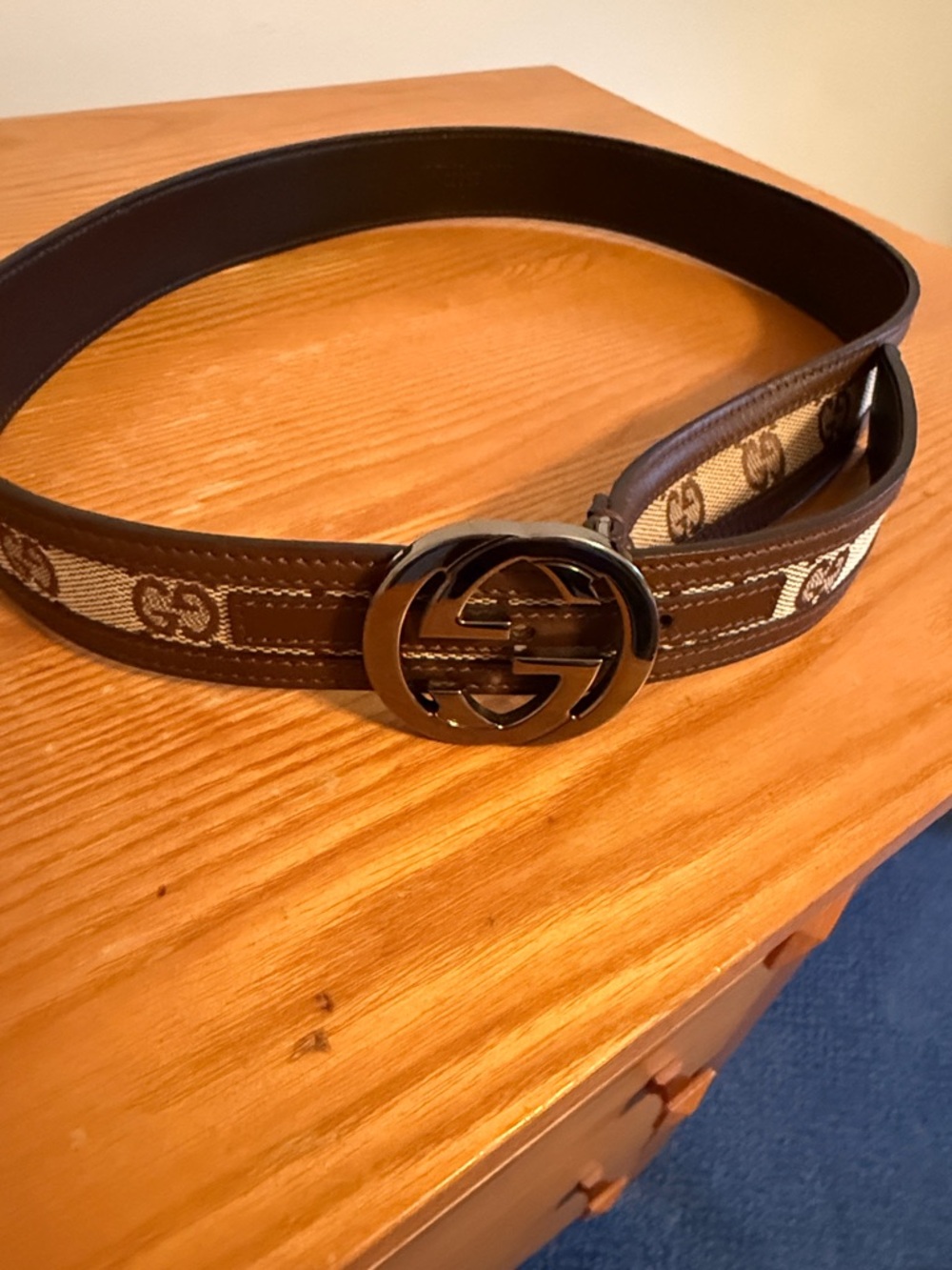 Gucci Brown & Beige GG Canvas womens Belt with Black Double G Buckle
